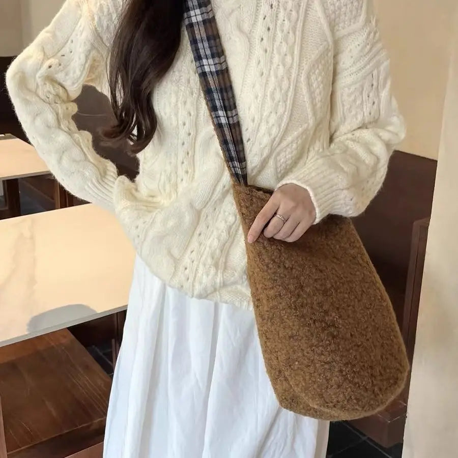 Kylethomasw 2024 Spring New Caramel Color Woolen Women Shoulder Crossbody Bag Korean Vintage Simple Bucket Bag Y2k Bolsos Para Mujer