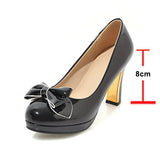 KYLETHOMASW  -  Women Pumps Round Toe Platform Thick High Heels Bow Shallow Ladies Fashion Wedding Shoes Spring Autumn Black Beige 43