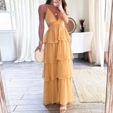 Kylethomasw Elegant Deep V Neck High Waist Party Dress Sexy Hollow Out Backless Chiffon Cake Dress Lady Temperament Holiday Sling Long Dress