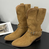 KYLETHOMASW  -  Retro Rivet Belt Buckle Ankle Boots Women Fashion Metal Chain Chunky Heel Designer Boots High Quality Faux Suede Mid Calf Boots