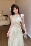 KYLETHOMASW  -  French Sweet Green Sleeveless Dress Women Summer Asymmetrical Lace Halter Neck Floral Maxi Dress Romantic Y2K Chic Fashionable