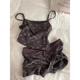 KYLETHOMASW  -  2Cute Bow Print Ribbed Loungewear Set Women Adjustable Thin Strap Tank Top Elastic Short Pants Daily Nightwear