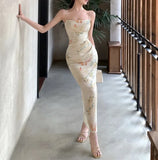 KYLETHOMASW  -  French Elegant Print Dress for Women Sleeveless Vintage Split Dresses Fashion Slim Sling Sweet New Summer Dress Korean