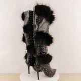KYLETHOMASW  -  Fashion Leather Pointed Toe Over-the-Knee Boots Round Silver Studded Detail Plush Faux Fur Trim Stiletto Heel Punk Style Boots