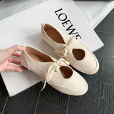 KYLETHOMASW  -  Real genuine leather women ballet flats lace up flat pumps