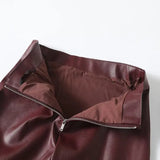 KYLETHOMASW  -  Winter French Minimalist Burgundy Leather Skirt With High Waist Zippers Straight Leg Mini Skirts Womens