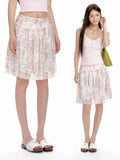 KYLETHOMASW  -  Sweet Pink Floral Print Chiffon Mini Skirt | High Waist Ribbon Tie Ruffle A-Line Skirt | Y2K Kawaii Summer Skirt for Women Lady