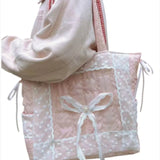 KYLETHOMASW  -  Sweet Lovely Pink Bow Tote Bag Women Lace Patchwork Plaid Large Capacity Shoulder Bag Ladies Fashion Versatile Underarm Bag Chic