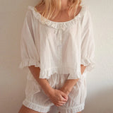 KYLETHOMASW  -  Kawaii 2 Piece Lounge Set Y2K Vintage Plaid Button Up Ruffles T-shirt Tops + Lantern Shorts 00s Retro Comfy Sleepwear Pajams
