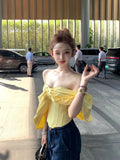 KYLETHOMASW  -  Pure Color French Elegant Tank Tops Women Sexy Slim Off-shoulder Y2k Crop Tops Summer Korean Fashion Bow Designer Chic Shirt New