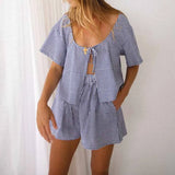 KYLETHOMASW  -  Vintage Plaid 2 Piece Set Front Tie Up Short Sleeve Blouse Shirt Crop Tops + Wide Leg Shorts Women Boho Beach Loose Matching Set