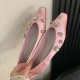 KYLETHOMASW  -  Pink Luxury Fashion Rhinestones Silk Women Flats With Shoes Female Soft Shallow Footwear Crystal Ladies Slip On Flats Shoes