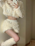 KYLETHOMASW  -  Lamb Fur Shorts Set  Autumn and Winter New Fashion Plush Warm Slim Short Coat+High Waist Short Two Piece Sets Women Outfits