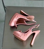 KYLETHOMASW  -  Dusty Pink Satin Round-Toe Platform Pumps Ruched Vamp Mini Bow Accent Chunky Heel Retro Style High-Fashion Daily Looks