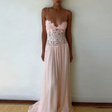 KYLETHOMASW  -  Elegant Pure Color Chiffon Dress Sexy Lace Spliced Mesh Pleated Evening Dress Fashion Hollow Out Sleeveless Halter Banquet Dress
