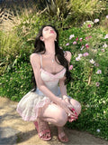 KYLETHOMASW  -  Seaside Vacation Style High Waist Slimming Suspender Dress Sweet Beautiful Woman Pure Lace Splicing Puffy Short Dresses