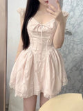 KYLETHOMASW  -  Summer Korean Fashion Sweet Pink Dress Women New Chic Pure Wind Lace Patchwork Dresses Aesthetic Slim Fluffy Y2k Clothing