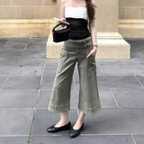 KYLETHOMASW  -  Daily Pockets Flare Calf Length Casual Pants Women Summer Vintage Luxury Low Waist Office Work Cropped Trousers Street Wear 954A