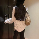 Kylethomasw Streetwear Drawstring Pleated Loose Long-sleeved T-shirt Women Autumn New O-Neck Star Stitching Distressed Casual Tops