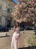 KYLETHOMASW  -  Chic Elegant Coquette Princess Pink Sakura Strapless Lace Tulle Sheer Mesh Formal Dress Women Girls Summer Evening Party Wear