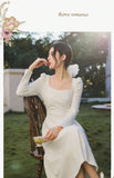 KYLETHOMASW  -  Autumn Long Sleeve Square Collar Sweet and Gentle White Dress for Women Korean Cute Slim Fit Temperament Elegant Long Dress