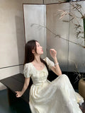 KYLETHOMASW  -  Women Summer Vintage Sweet Chic High Waist Elegant Party Dresses Fairy Solid Short Sleeve Slim Lace-up Beach Maxi Dress Vestidos