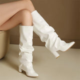 KYLETHOMASW  -  Women's Fold Over Pleated Stack Boots Pointed Toe Chunky High Heel Knee High Boots Plus Size 48 Available Party Club Daily Shoes