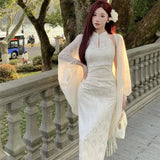 KYLETHOMASW  -  New Chinese Style Dress Set For Women in Spring And Summer With a Refreshing and Retro Feel Cheongsam White Long Skirt Cardigan
