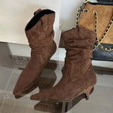 KYLETHOMASW  -  High Quality Faux Suede Kitten Heel Ankle Boots Women Fashion Pointed Toe Sewing Pleated Designer Boots Comfortable Modern Boots