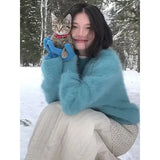 KYLETHOMASW  -  Autumn and Winter New Fashion Furry Blue Mink Fur Sweater for Women Round Neck Simple Loose Casual Knitted Pullovers Women Tops