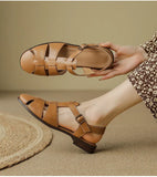 KYLETHOMASW  -  Sandals Women Low Thick Heel Genuine Leather Hook and Loop Back Strap Casual Sandals Summer Solid Color Shoes Fashion New