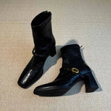 KYLETHOMASW  -  Thick Heel Elastic Slim Women Ankle Boots Fashion Square Toe Autumn Winter Ladies Elegant Mordern Short Booties