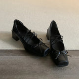 KYLETHOMASW  -  Women Genuine Leather Bow Decorated Flat Shoes with Cross Straps Thick Heels Mary Jane Shoes Shallow Mouth Comfortable Loafers