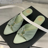 KYLETHOMASW  -  Sexy Pleated Silk Hollow Out Metal Buckle Women Slippers Sandal Summer Pointed Toe Low Thin Heels Beach Party Female Shoes