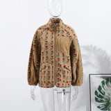 KYLETHOMASW  -  Casual Lamb's Wool Patchwork Women Coat Print 3d Flower Pocket Long Sleeve Zippers Female Jacket 2025 Autumn Winter Lady Outwear