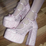 KYLETHOMASW  -  Women Sweet Lolita Floral Lace Platform Block Heel Pumps Triple Satin Mary Jane Straps Bow Round Toe Back Zip High Heels
