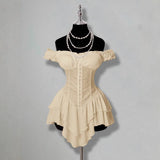 KYLETHOMASW  -  Jacquard Splicing Pleated Ruffle Edge Off-the-shoulder Multi-layer Ruffle Edge Hem A-word Chiffon Mini Dress