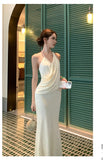 KYLETHOMASW  -  French Fashionable Elegant Satin Evening Gown Women's Backless V-neck Halter Camisole Long Dress Sexy Chic Banquet Gown
