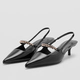 KYLETHOMASW  -  Black Pointed Toe Kitten Heel Pumps for Women Metal Chain Decoration Backless Elegant Dress Heels Luxury Designer Formal Shoes