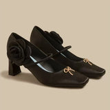 KYLETHOMASW  -  Elegant Satin Flower Chunky Heel Dress Pumps Women Metal Bow Square Toe Design Mary Jane Shoe Ladies Luxury Wedding Bridal Heels