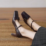 KYLETHOMASW  -  Metal Buckle Decoration Mary Jane Shoes Women Comfortable Leather High Heels Elegant Chunky Heel Women Pumps Zapatos De Mujer