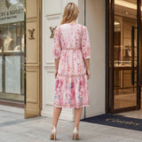 KYLETHOMASW  -  Women Loose Floral Print Dress Spring Summer 3/4 Sleeve V-Neck Midi Dress Bohemian Party Vacation Dresses