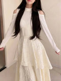 KYLETHOMASW  -  Japanese Elegant Fashion Knit Long Sleeve Dress Women Slim Irregular Design Long Dress Harajuku Sweet Off-Shoulder Chic Outfits