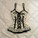 KYLETHOMASW  -  Y2k 2000s Harajuku Japanese Spliced Lace Polka Dot Print Tanks American Summer Slim Waist Spliced Ruffle Camis High Street Top
