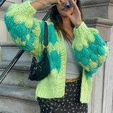 KYLETHOMASW  -  Stripe Pattern Cropped Cardigans Vintage Lantern Sleeves Knitted Sweater Aesthetic Y2k Knitwear Coat Women Autumn Outwear Street