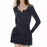 KYLETHOMASW  -  Japan Fashion Solid Retro Slim Dress Women Long Sleeve Flounce Y2k Party Dresses New Fake 2-piece Patchwork Sweet Chic Clothes