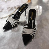 KYLETHOMASW  -  Luxury Glitter Strap Narrow Band Slides Women Summer Sexy Pointed Toe Super High Slippers Fashion Thin Heel Dress Party Sandals