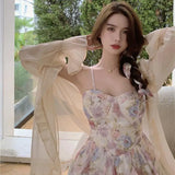 KYLETHOMASW  -  Women's Summer Floral Print Two-Piece Set Svel Waist-Cinching Sunscreen Cardigan And ter Dr Ensemble