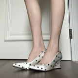 KYLETHOMASW  -  Designer Luxury Wedges Heel Women Mary Jane Shoes Concise Shallow Slip On Shoes Ladies Elegant Pointed Toe Dress Polka Dot Pumps