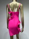 Kylethomasw Women Summer Sexy V Neck Backless Diamonds Hot Pink Ruffles Mini Bodycon Bandage Dress 2024 Elegant Evening Club Party Dress